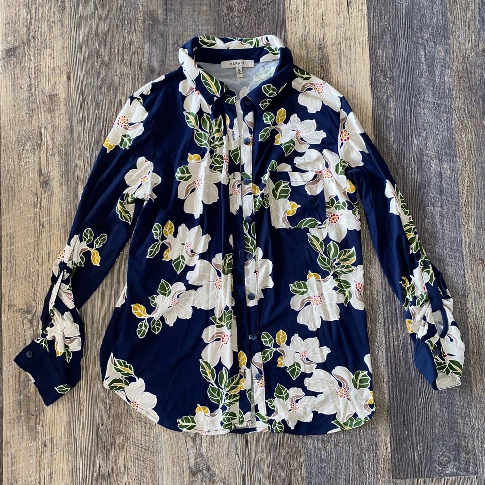 Papaya Navy Floral Button-Down Blouse with Green & Yellow Accents